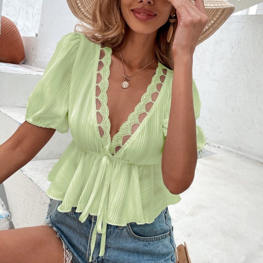 Boho White V neck Lace Puff Sleeve Summer Top - Picture 10 of 12